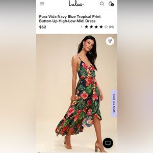 Lulu’s Navy Blue Tropical Print Button-Up High-Low Midi Dress